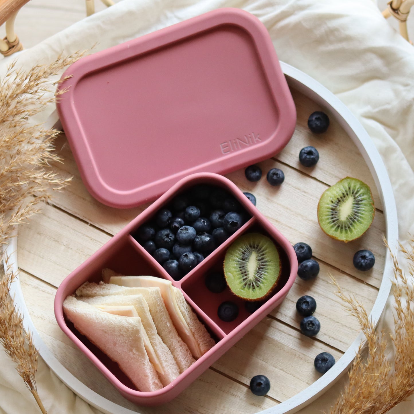 EliNik Silikon Brotdose, Brotdose für Kindergarten und Schulanfang mit Namen personalisiert- Rosa