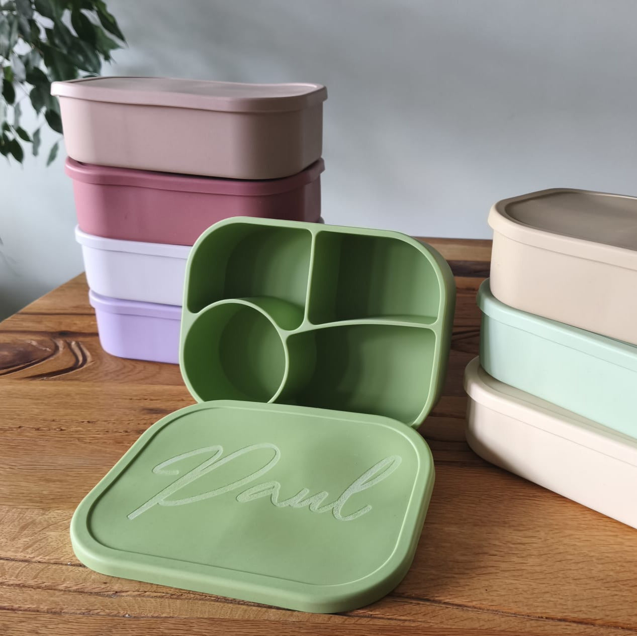 Brotdose Lunchbox mit Namen aus Silikon mit 4 Fächern