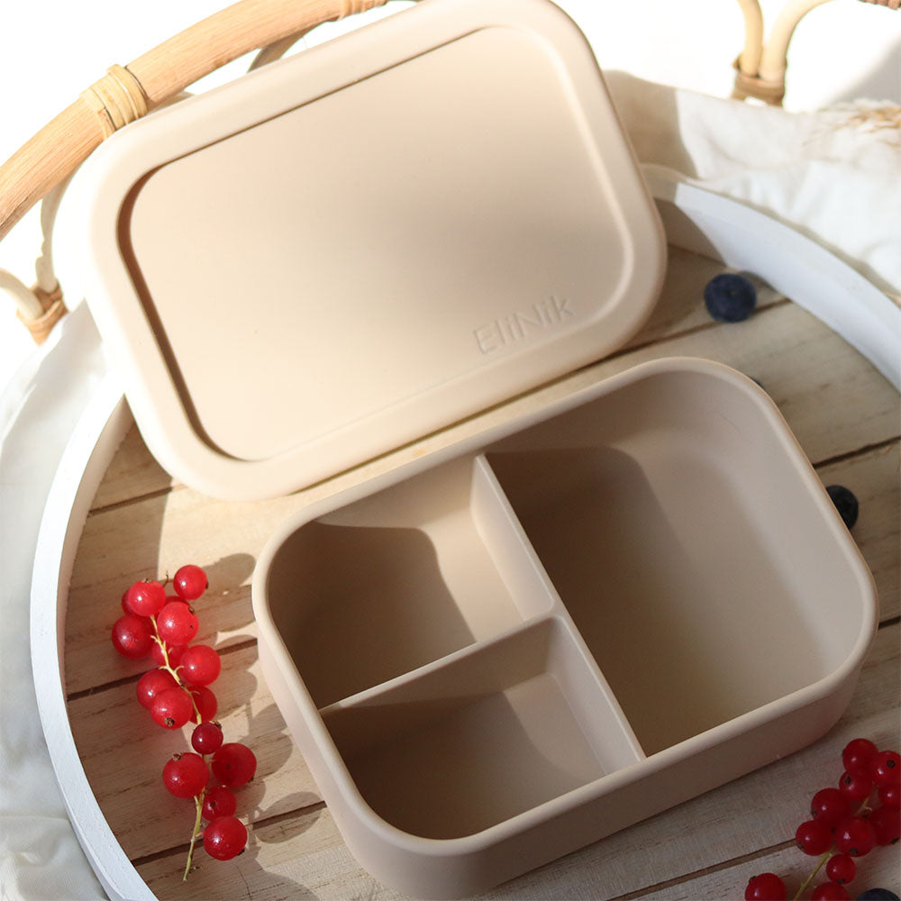 EliNik© Silikon Brotdose, Brotdose für Kindergarten und Schulanfang mit Namen personalisiert- Beige