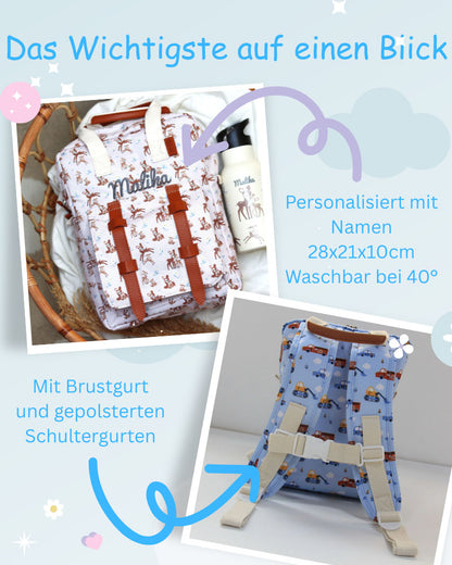 Kindergartenrucksack mit Brustgurt und Namen - Fahrzeuge