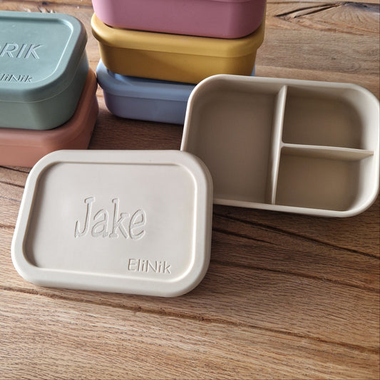 EliNik Silikon Brotdose, Brotdose für Kindergarten und Schulanfang mit Namen personalisiert- Beige